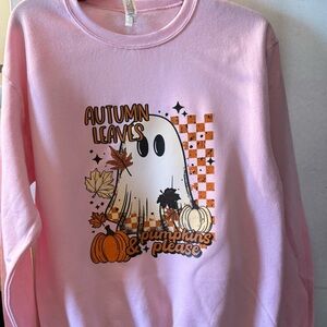Pink Halloween Sweatshirt with Ghost and Pumpkins